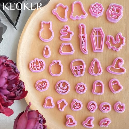 Keoker Halloween Polymer Clay Cutters, Polymer Clay Cutters Halloween, 30 Shapes Halloween Clay Cutters for Earrings, Pumpkin Clay Cutters for Polymer Clay Jewelry, Mini Clay Cutters - color: ALL 2