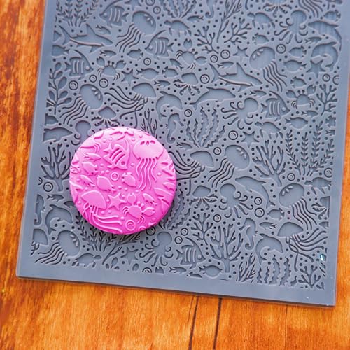 Ocean Sea Grass Polymer Clay Texture Mat - Fish Jellyfish Seahorse Texture Sheet for Polymer Clay Jewelry Making, Earring Charms, DIY Craft Supplies - style: ocean animals