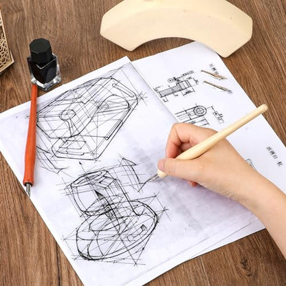 14pcs Oblique Calligraphy Comic Pen Set, 2-in-1 Wooden Pen Holder with 12 Stainless Steel Replacement Nibs for Writing, Signing, Painting, Sketching - color: brown+wood