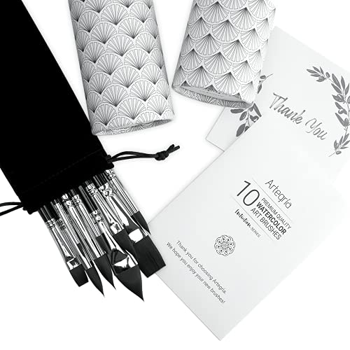 ARTEGRIA Watercolor Brush Set, 10 Professional Soft Synthetic Squirrel Paint Brushes, Including Pointed Rounds, Flats, Dagger, Oval Wash - color: Black - 10pcs
