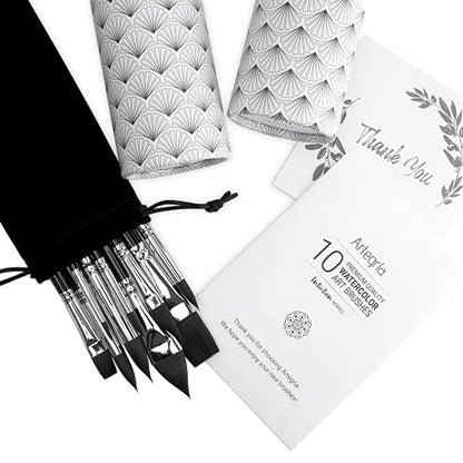 ARTEGRIA Watercolor Brush Set, 10 Professional Soft Synthetic Squirrel Paint Brushes, Including Pointed Rounds, Flats, Dagger, Oval Wash - color: Black - 10pcs