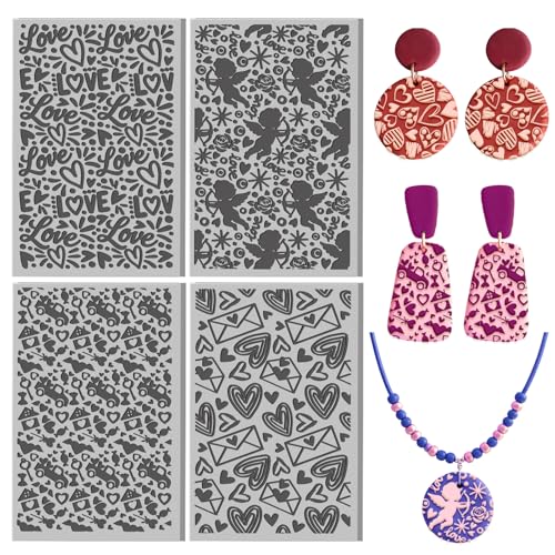 CHGCRAFT 4 Pcs Valentine's Day Polymer Clay Texture Sheet Love and Heart Cupid Mail Rubber Clay Texture Mat for Polymer Clays Making Earrings Jewelry DIY Crafts 3.9x2.6inch - style: Cupid Pattern