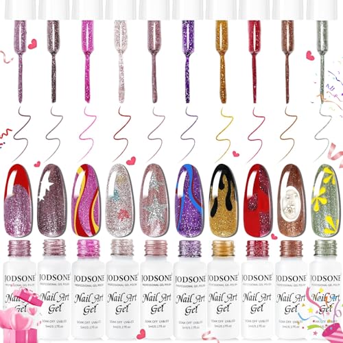 JODSONE Nail Art Gel Liner Set 10 Colors Glitter Purple Gold Green Gel Nail Polish Need U V Lamp Cured with Thin Brush at Home Salon Design,Gifts for Women - color: LB1201-LB1210