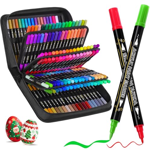Tongfushop 144 Colors Acrylic Paint Markers, Dual Brush & Fine Tip Fast-Dry Permanent paint pens for Rock Wood Glass Canvas - Professional Multi-Surface Art Supplies with Case - color: 144 Colors