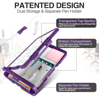 Sooez Original Clipboard with 2 Storage & Pen Holder, Heavy Duty Clip Boards 8.5x11 with Dual Storage, Clearview Dry Erase Coach Clipboard with Real Hinge, High Capacity, School & Office Supplies - color: Purple