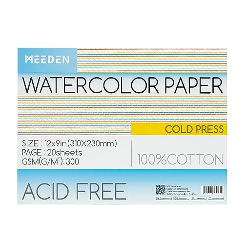 MEEDEN Watercolor Paper Block, 100% Cotton Watercolor Paper Pad of 20 Sheets, 140lb/300gms, Acid-Free Art Paper for Watercolor, Gouache, Ink and More, 9" x 12" Cold Press - color: Cold Press, size: 9×12"