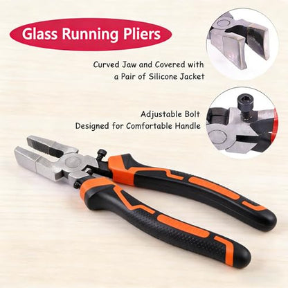 Glass Cutting Tool Kit with 8" Running Pliers with Curved Jaws, 6" Breaker Pliers, Glass Cutter 2-20mm, Replacement Blades, Screwdriver, Storage Bag for Stained Glass, Tiles, Mosaic - color: 10 PCS