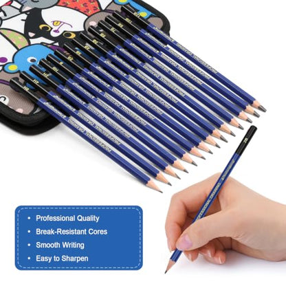 25 Pack Sketching Pencil Set with Cartoon Case, Graphite Drawing Pencils Kit with Charcoal, Blending Stumps & Erasers, Professional Art Supplies for Artists, Beginners, Shading