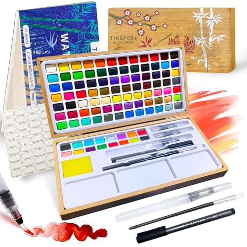 Watercolor Paint Set,100 Colors in Nature Bamboo Box,Portable Water Colors Kit with Papers and Brush Pens,Suitable for Adults, Art Students & Painting Enthusiasts - style: Design Flower