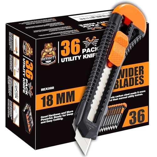 REXBETI 36 Pack Utility Knife, Retractable Box Cutter for Cartons, Cardboard and Boxes, 18mm Wider Razor Sharp Blade, Smooth Mechanism, Perfect for Office and Home use (36 Pack) - style: 36 Pack