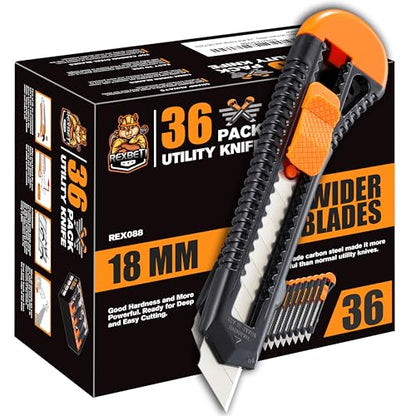 REXBETI 36 Pack Utility Knife, Retractable Box Cutter for Cartons, Cardboard and Boxes, 18mm Wider Razor Sharp Blade, Smooth Mechanism, Perfect for Office and Home use (36 Pack) - style: 36 Pack