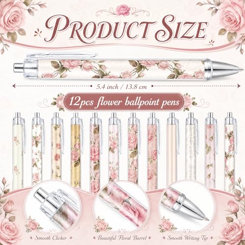 Motiskyy 24 Pcs Vintage Rose Pink Floral Pens Flower Ballpoint Pens Flower Notepads Set Design Line Notebook Employee Gifts Set for Student School Office Supplies, Back to School Gift - style: Pink