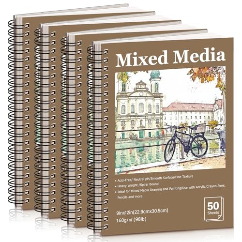 4 Pack Mixed Media Sketchbook, 9x12 inches Drawing Paper Sketch Book, 98lb/160gsm Heavyweight Spiral Bound Sketch Pads, Suitable for Arist, Drawing, Painting, Sketching(200 Sheets) - color: landscape, size: 9 x 12 inch (4 pack)