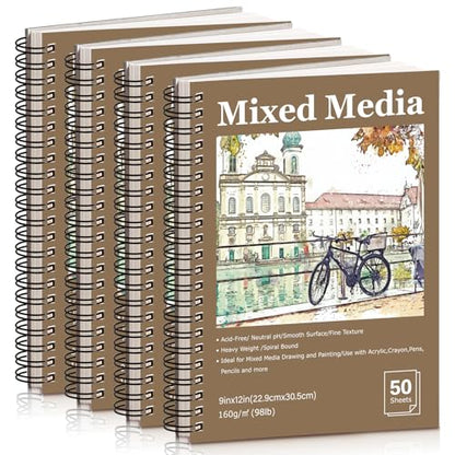 4 Pack Mixed Media Sketchbook, 9x12 inches Drawing Paper Sketch Book, 98lb/160gsm Heavyweight Spiral Bound Sketch Pads, Suitable for Arist, Drawing, Painting, Sketching(200 Sheets) - color: landscape, size: 9 x 12 inch (4 pack)