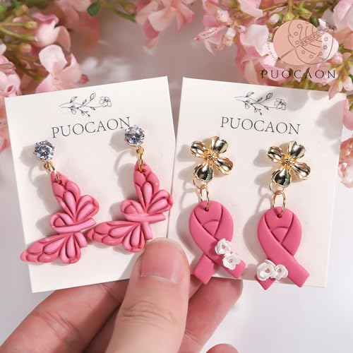 Puocaon Cancer Awareness Clay Cutters - 7 Pcs Pink Ribbon Clay Cutters for Polymer Clay Earrings, Heart Gifts Butterfly Clay Earring Cutters Survivor Group Jewelry Design