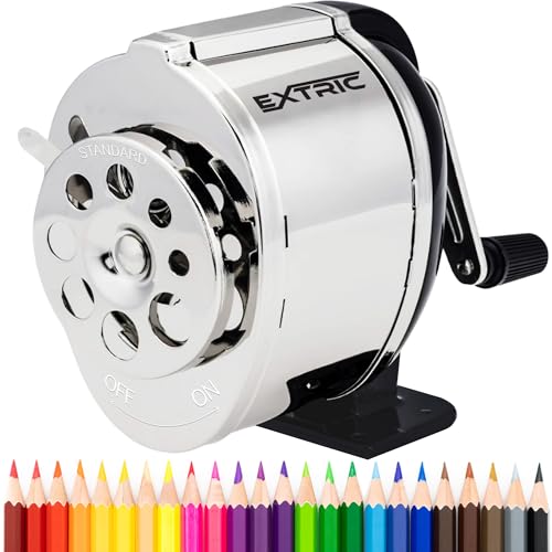 EXTRIC Pencil Sharpener Manual Desktop & Wall Mount Hand Crank Sharpeners | Works for Desktop and Wall Mount, Heavy Duty Metal Hand Crank Pencil Sharpener, 8 Size Holes for Classroom Use