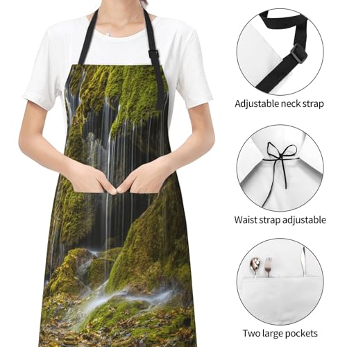 Waterfall On Mountain Waterproof Apron With Pockets For Adults-Adjustable Bib Apron For Cooking, Gardening, Painting,Housework