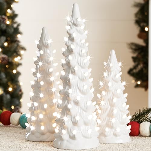Best Choice Products Set of 3 Ceramic Christmas Trees, Pre-Lit Hand-Painted Tabletop Holiday Decoration w/Warm White Bulbs, LED Lights – White - color: White W/ Warm White Lights, size: 3pc Set: 8-10-12 Inch