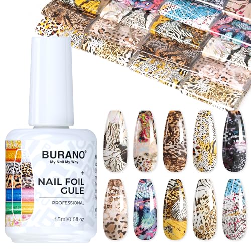 BURANO Nail Art Nail Foil Glue Gel, o.5 oz with 10PCS Foil Stickers Set Nail Foil Glue for Nails Foil Transfer Gel, Nail Design DIY UV LED Lamp Required (Fall 20) - color: Fall 20