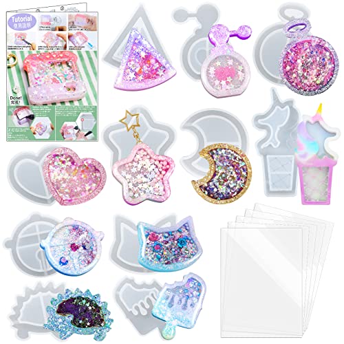 FUNSHOWCASE Resin Shaker Molds Set Charms Pendant Jewelry Making Supplies 11 Trays Bundle with 5 Seal Films and Tutorial Manual - color: Kawaii Charms (Varied Sizes) with Tutorial Craft Pack of 17
