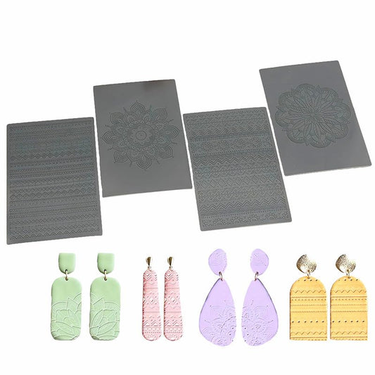 Polymer Clay Texture Sheets for Boho Style Earring Jewerly Making, Flowers Geometric Clay Texture Stamps Mat for Polymer Clay Projects Polymer Clay Earrings Tools