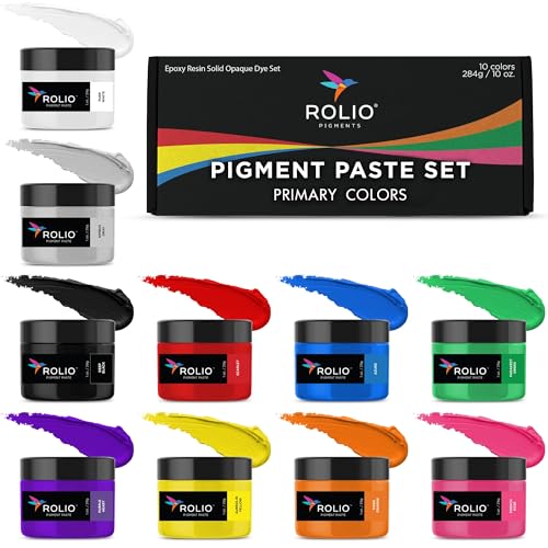 Rolio Pigment Paste Set - 10 Colors, Primary Set, 1 oz Jars, Resin Color Pigments for Epoxy Resin, Mica Powder - Concentrated Colorants for Art, DIY Crafts, Jewelry Making, Molds, and Coating Projects - color: 10 Primary Color Set