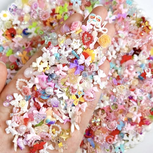 200Pcs Pink Red Nail Charms Kit 3D Flower Bow Heart Flatback Pearls Mixed Shape Set Nail Gems and Rhinestones Pearl Heart Nail Art Charms Gems Cherry Star Nail Diamond for DIY Nail Decor Making Craft - color: multicolored