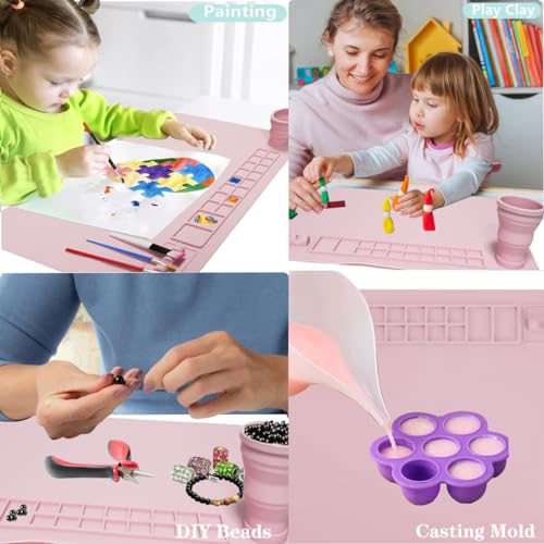 Silicone Painting Mat, 20"x 16" Silicone Art Mat with Cup, Kids Painting mat for Resin, DIY, Drawing Resin, Paint, Clay， Large Craft Art Mat, (Pink) - color: Pink