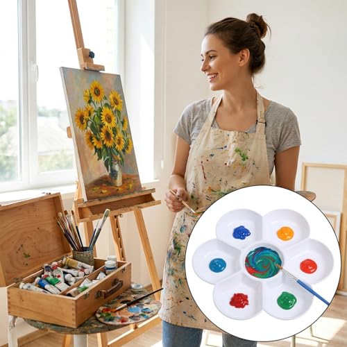 2 Pack White Watercolor Palette, 7 Well Plastic Paint Palette Tray 6.7 Inch Round Watercolor Painting Tray Non-Stick Professional Artist-Grade Mixing Palette for Gouache, Oil, Art Supplies
