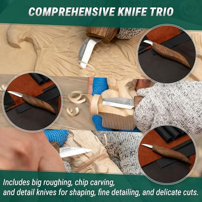 BeaverCraft Wood Carving Knife Set Deluxe S15X - Wood Carving Kit with Detail Chip Knife, Sloyd Roughing Whittling Knives & Leather Strop - Whittling Tools Set with Leather Case for Carvers