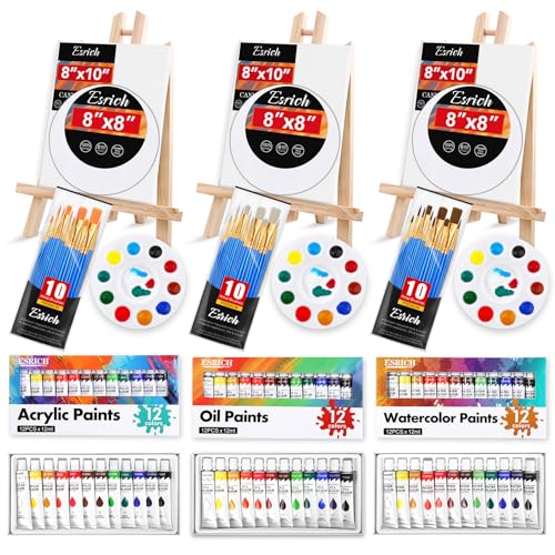ESRICH Acrylic Paint Canvas Set, 78 Pcs Professional Painting Supplies Kit with 3 Wood Easel, 3 * 12Colors, 3 * 10 Brushes,Circular Canvas Etc, Premium Paint Kit for Kids, Artists and Beginner - color: 36Color