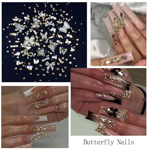 Nail Art Charms Rhinestones with Glue Gel Champagne Nail Rhinestones Supplies Accessories Gold Butterfly Multi Shape Crystal AB Rhinestone Nails Gems Jewelry for Women Nails Design - color: Colorful-25