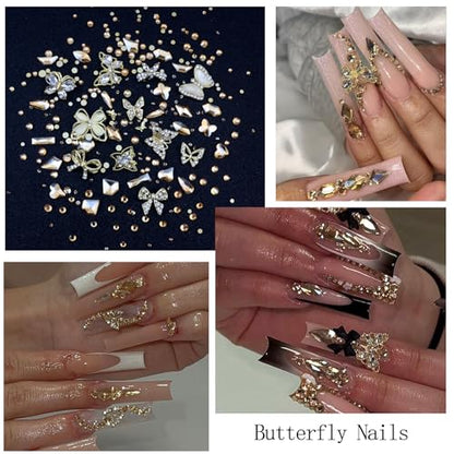 Nail Art Charms Rhinestones with Glue Gel Champagne Nail Rhinestones Supplies Accessories Gold Butterfly Multi Shape Crystal AB Rhinestone Nails Gems Jewelry for Women Nails Design - color: Colorful-25