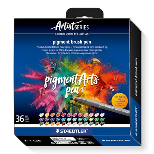 STAEDTLER Pigment Arts Multi Ink Brush Pen, Assorted Basic Colors, 36ct, Fiber-Tip Pens With Brush Nib, Permanent, Waterproof, No Bleed Pens for Journaling, Coloring, Hand Lettering, Mixed Media - color: 36 Colors
