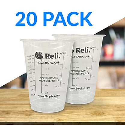 Reli. 8 oz Paint Mixing Cup/Resin Mixing (20 Pcs) | Disposable Measuring Cups | Clear Plastic Measures | Use for Paint, Epoxy Resin, Pigments (8oz)