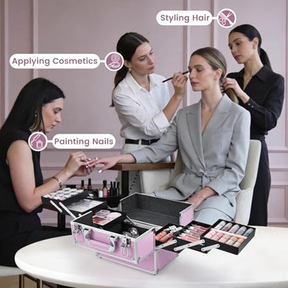 Frenessa Makeup Train Case Large Portable Cosmetic Case - 6 Tier Trays Professional Makeup Storage Organizer Box Make Up Carrier with Lockable keys - Pink - color: Pink
