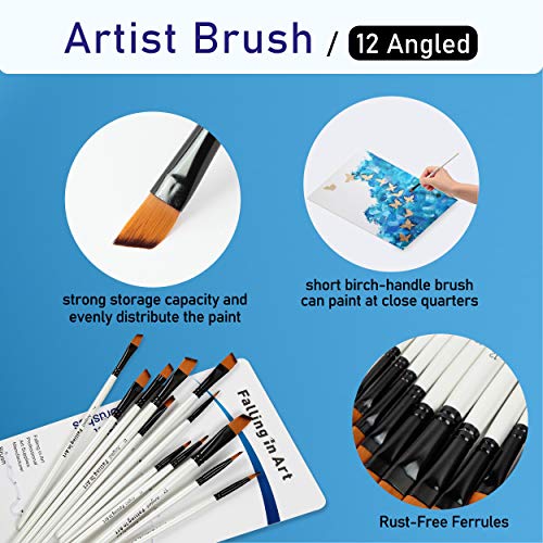 Falling in Art Paint Brushes Set, 12 PCS Nylon Professional Angled Paint Brushes for Watercolor, Oil Painting, Acrylic, Face Body Nail Art, Crafts, Rock Painting - size: 12 Pcs Angled Nylon