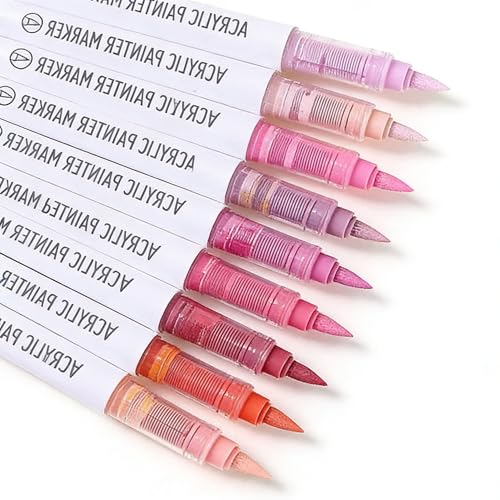 Acrylic Paint Markers, 9 Colors Acrylic Paint Pens Water Based and Soft Brush Tip for Wood Glass Eggs Rock Painting Canvas Stone Fabric DIY Crafts Art Supplies (PInk2) - color: PInk2