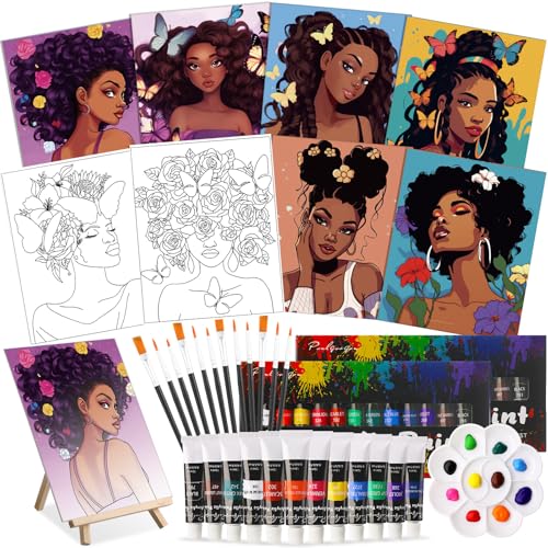 Cholemy 36 Pcs Paint and Sip Kit for Adults 8''x10'' Pre Drawn Canvas for Painting DIY Afro Acrylic Painting Kit Wood Easel Brushes Date Night Bulk for Summer 4th of July Party Gift(Sunshine Lady) - style: Sunshine Lady