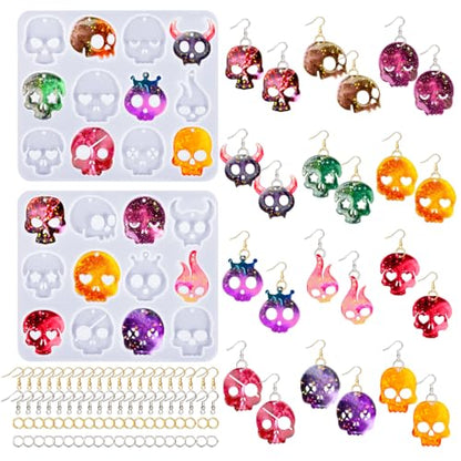 82 PCS Halloween Skull Earring Molds Kits with Holes, 12 Pairs Silicone Resin Molds with 40 Earring Hooks Epoxy for Halloween Decorations Pendants Keychains