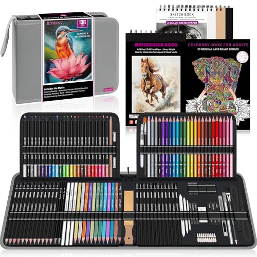 HIFORNY 136 PCS Drawing & Sketching Set,Pro Art Supplies with Graphite,Charcoal,Colored,Watercolor,Metallic Pencils,Blending Tools,Sketchbook,Watercolor Book and Coloring Book in Zipper Case (Grey) - color: Grey