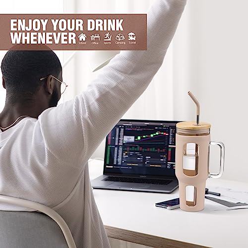WINSA Glass Tumbler with Lid and Straw, 46 oz Iced Coffee Cup with Handle, Large Water Bottles with Silicone Sleeve, Glass Cup with Straws - Pearl Straw & Drinking Straw BPA Free-Amber - color: Amber, size: 46 Ounces