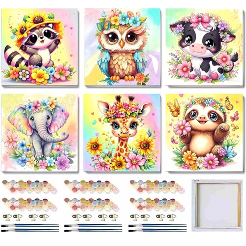 MXCFZX 6-Piece Framed Digital Painting Set for Children, Animal Painting Set Suitable for Children Aged 4-8-12. Easy Owl Elephant Cows Acrylic Oil Painting Set for Home Wall Decoration 8 x 8 inch - color: Animal Paint By Numbers with Framed 6-pack, size:
