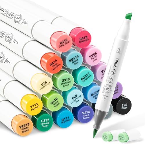 Ohuhu Alcohol Markers Brush Tip, AP Certificated 24 Basic Colors Double Tipped Alcohol Based Art Marker Set for Artist Sketching Adult Coloring Illustration - Brush and Chisel Dual Tips - Honolulu - style: Brush & Chisel