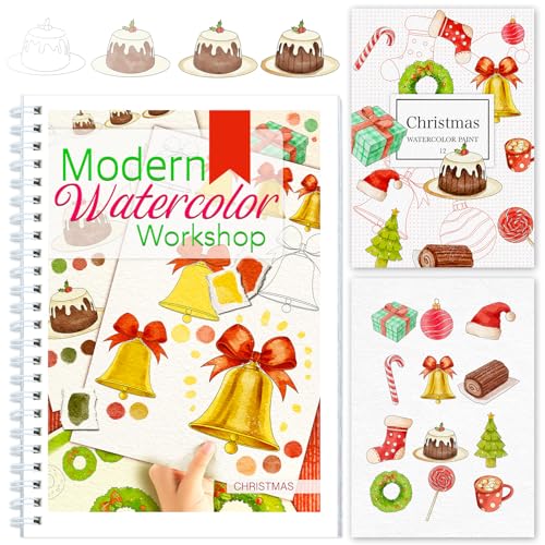 Watercolor Workbook with Step-by-Step - 12 Watercolor Coloring Pages - 100% Cotton 300gsm/140lb Watercolor Paper - Gift for Women, Adults, Beginners (Christmas) - style: Christmas