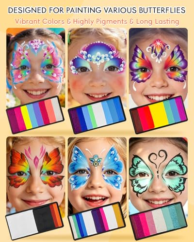 Anka Bella Face Painting Kit for Kids & Adults, Water Activated Face Paint Palette with 14 Brushes, Non Toxic Hypoallergenic Washable Face Paint Professional for Drawing Butterflies - color: ButterflyGlow Palette