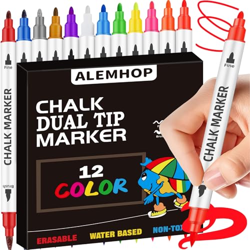 Liquid Chalk Markers 12 Colors - Brush + Fine Tips - Chalk Markers for Blackboard LED Note Board Acrylic Fridge Calendar Board Dry Erase Board - Window Markers for Glass Washable - size: 1 Count (Pack of 12)