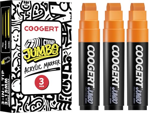 Coogert 3Pcs Orange Jumbo Poster Markers, 15MM Thick Permanent Acrylic Graffiti Markers, Wide Tip Paint Marker for Canvas, Posters Board, Fabric, Window, Glass, Wood, Teachers,Banner painting supplies - color: Orange