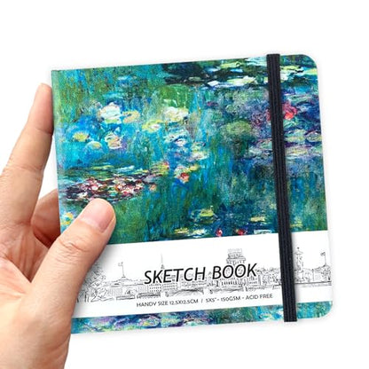 5" x 5" Hardcover Sketch Book,Small Mixed Media Sketch Pad,58 Sheets 150GSM Acid-Free Artist Drawing Paper,Travel Journal Blank Notebook for Painting,Illustration,Art Supplies.Oil Painting Pond - color: 150gsm Cloth-oil painting pond