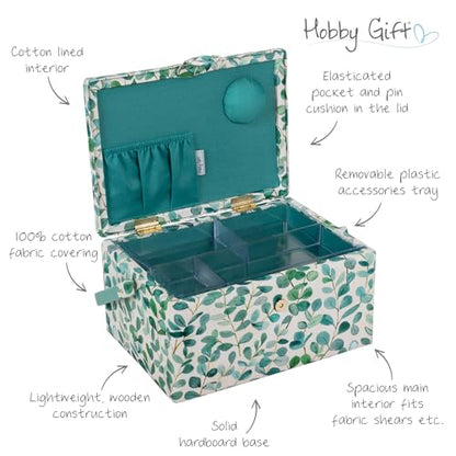Hobby Gift Medium Sewing Box Organiser, Fabric Covered Storage Box with Handle, Internal Tray, Pin Cushion and Pocket for Sewing, Quilting and Knitting Supplies - color: Eucalyptus